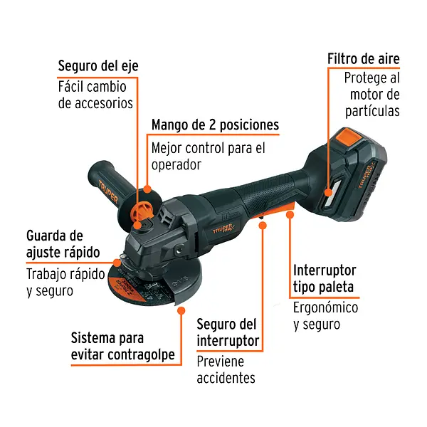 Pulidora Angular Inalámbrica 4.1/2" 20v Truper Max
